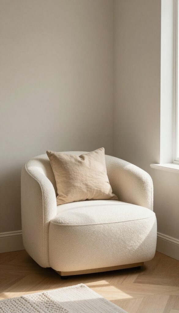 A cozy living room corner with a boucle accent chair, soft natural light, and textured decor.