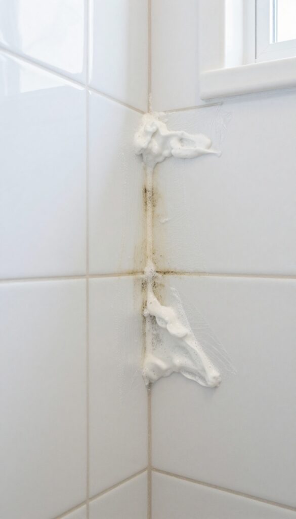Close-up of oxygen bleach paste applied to stained shower grout, partially covered with plastic wrap, in bright natural light.