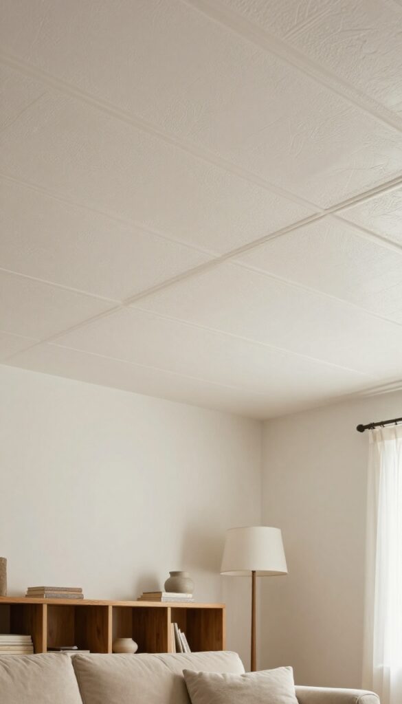 Tin ceiling effect in a warm living room with wood furniture and soft lighting