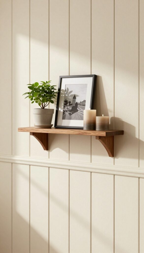 Board and batten wall with a narrow floating walnut shelf displaying a small plant, framed photo, and candles in a cozy living room