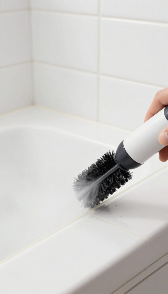 Handheld steam cleaner cleaning shower grout lines with steam and brush attachment