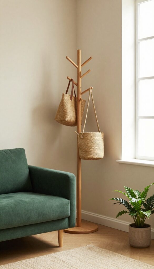 Green sofa with wooden coat rack and woven baskets for storage