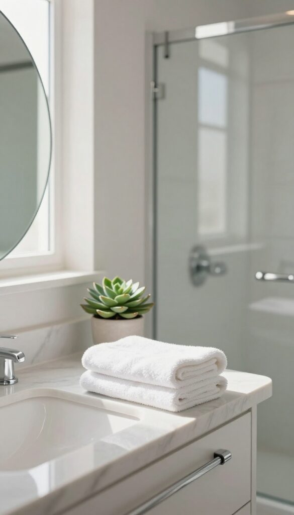 A clean, bright bathroom with a marble countertop, round mirror, folded white towel, and a succulent, bathed in natural light.