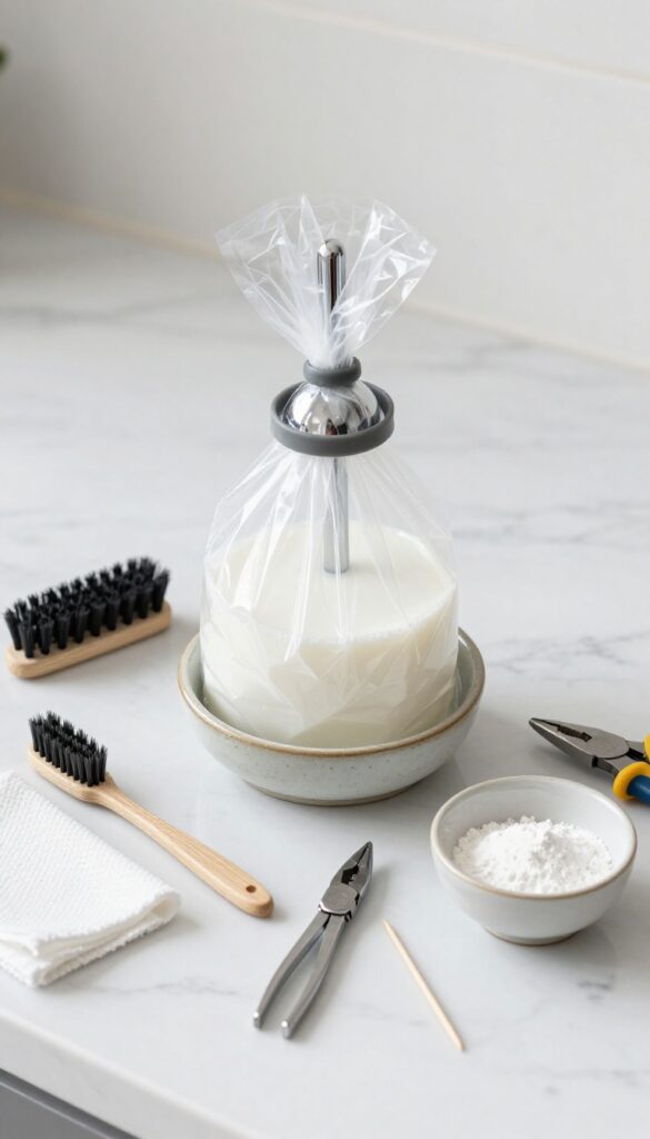Cleaning supplies arranged on a countertop including a vinegar-soaked shower head in a bag, toothbrush, brush, cloth, pliers, toothpick, and baking soda.