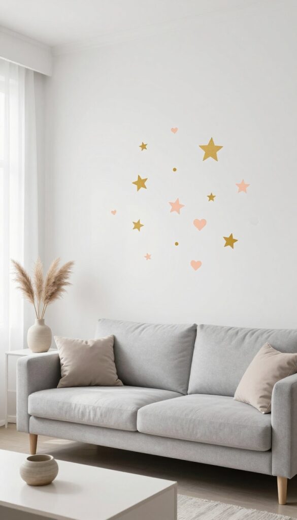 Modern living room with playful wall decals in soft blush and gold above a gray sofa, natural light, clean composition.
