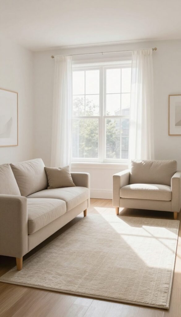 Small living room with a large rug under furniture, creating a cohesive and spacious feel.