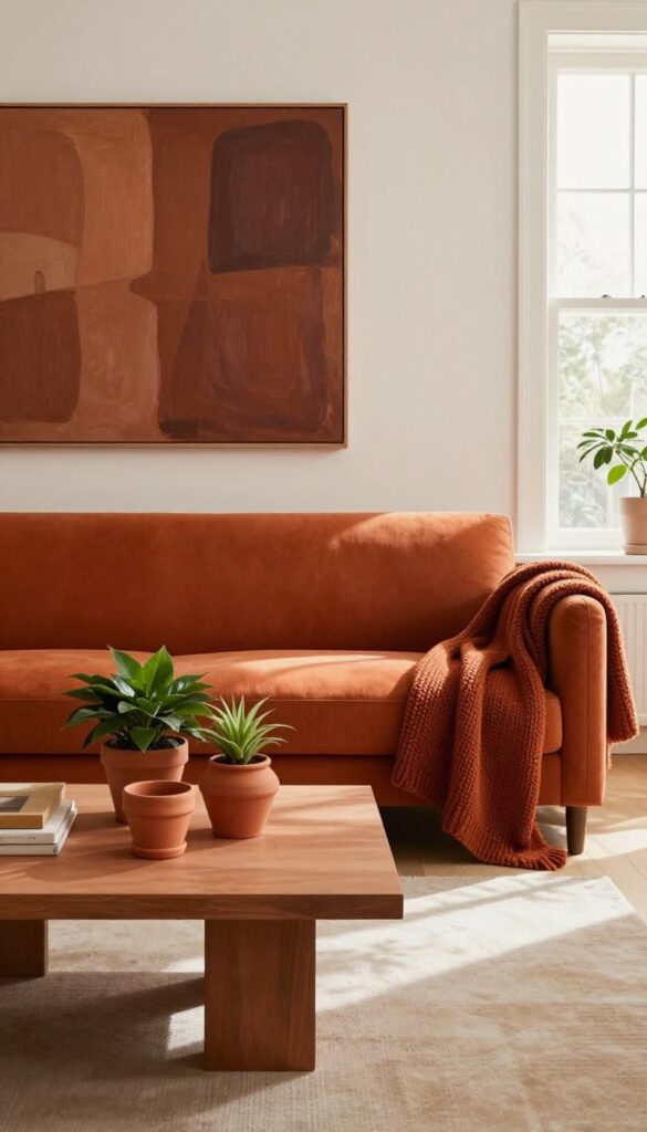 Cozy living room with burnt orange sofa, terracotta pots, rust throw, and abstract artwork in warm tones.