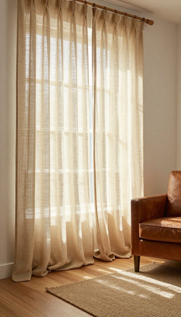 Burlap curtains in a cozy primitive living room with soft sunlight filtering through