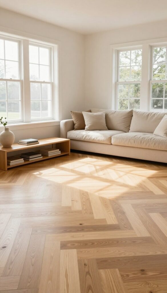 Sunken living room with contrasting light oak upper floor and dark walnut herringbone lower floor, cozy seating area