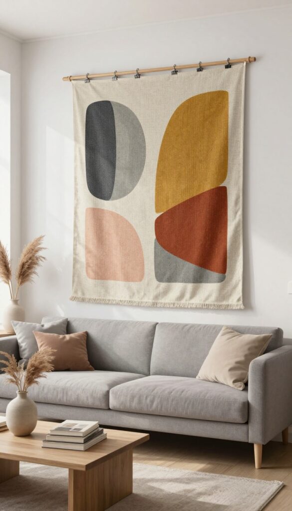 Living room with a large tapestry hanging behind a gray sofa, abstract geometric design in warm earth tones, wooden dowel and clip rings, console table with vase and books, natural light.