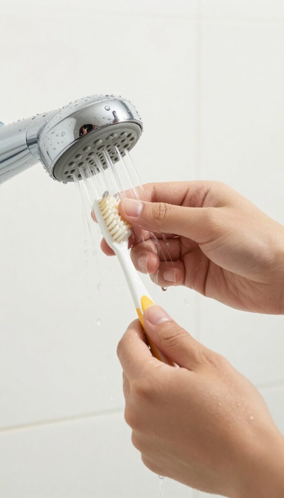 Hand scrubbing shower head nozzles with an old toothbrush under running water