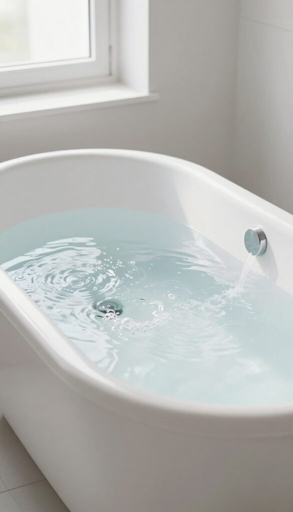 Jetted bathtub filled with cold water and vinegar, jets running, clean bathroom setting