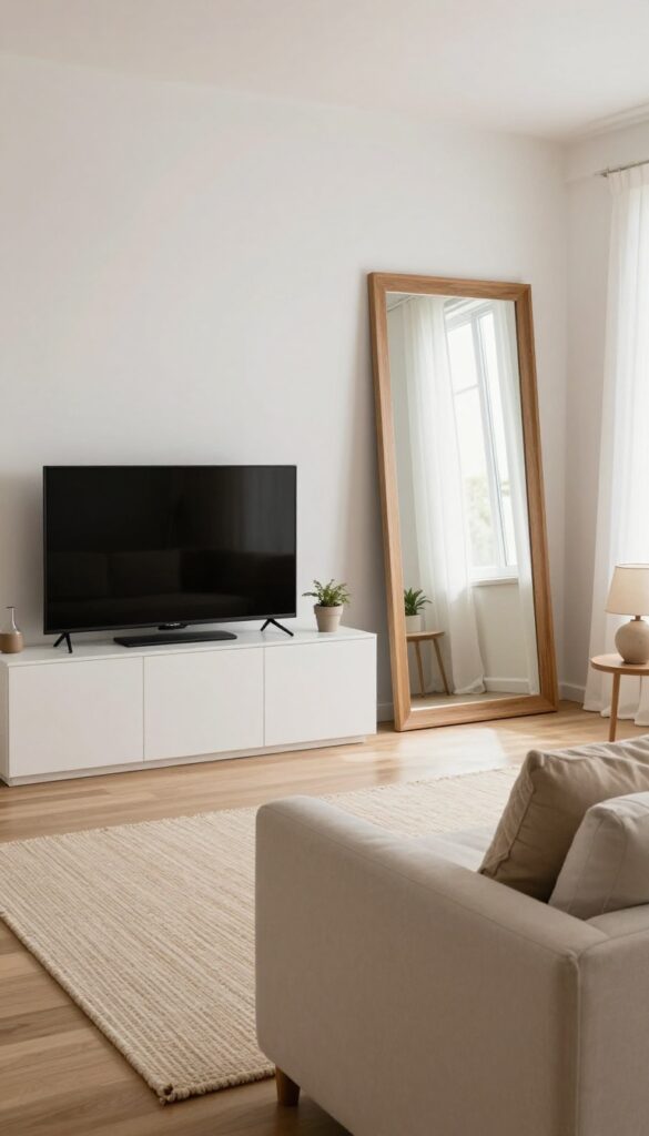 Cozy living room with TV and large mirror reflecting light, creating an airy and open feel
