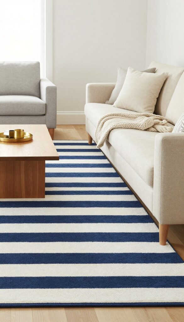 Blue and white striped rug anchoring a living room with cream sofa and gray chairs, warm wood and brass accents.