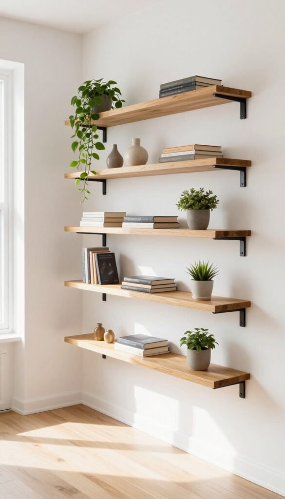 Floating shelves at varying heights in a tiny living room, styled with books, plants, and decor, with natural light.