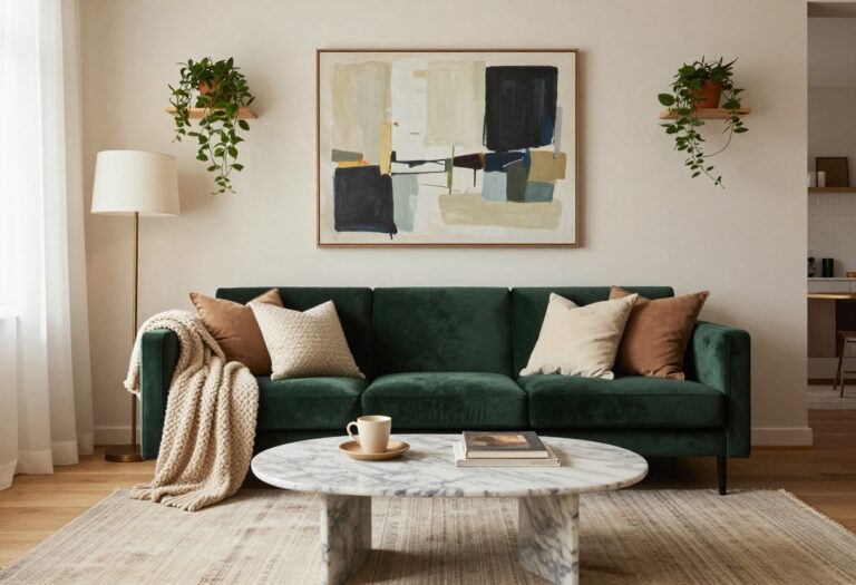 Cozy baddie living room with green velvet sofa, layered rugs, marble coffee table, and warm lighting