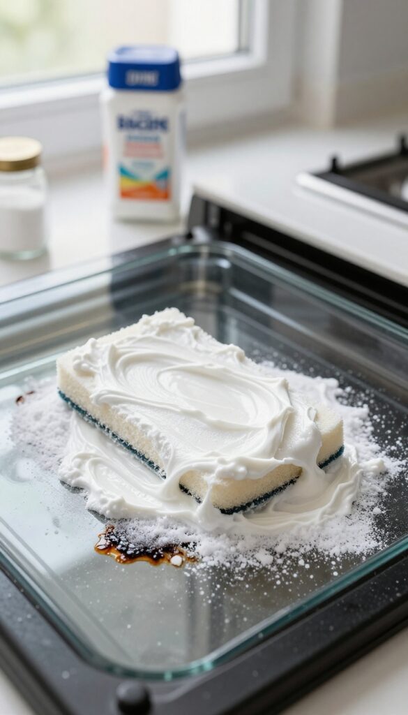 Applying a salt and baking soda paste to a greasy oven surface with a sponge