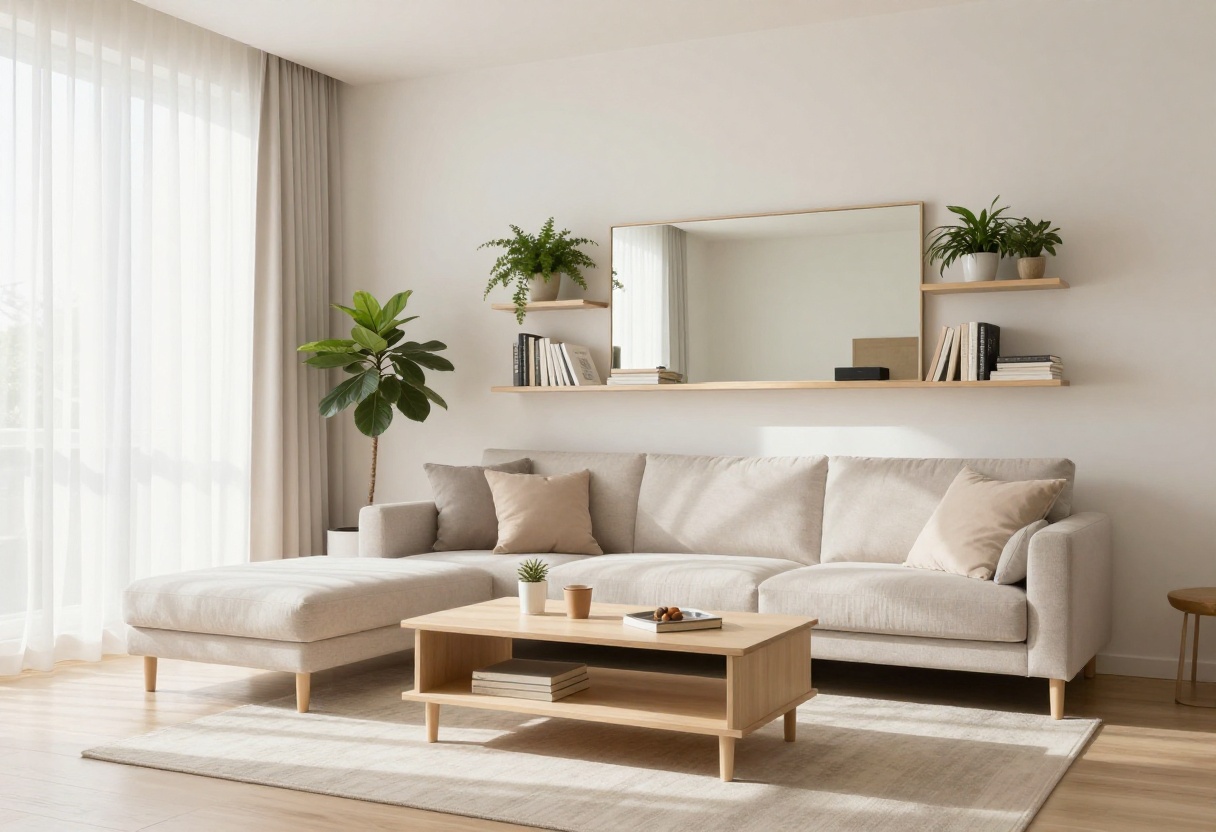Bright small living room with mirror, floating shelves, and slim sofa