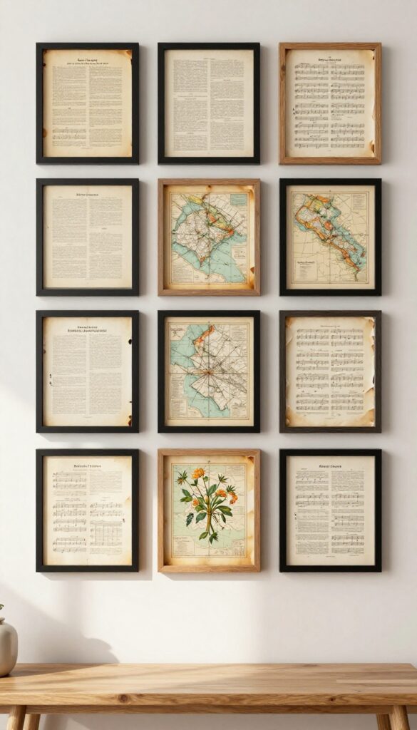 Vintage book page and map collage in matching frames on a wall, with soft natural light and neutral background.