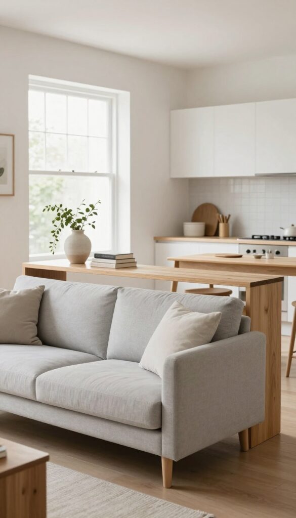 Slim console table behind sofa dividing living room and kitchen in small open-plan space