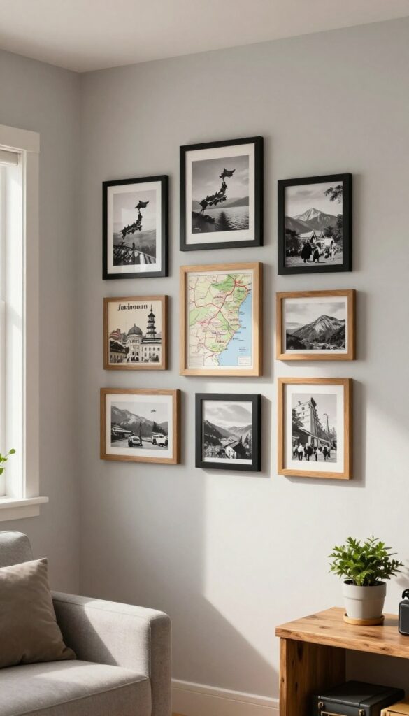 A cozy living room wall decorated with a themed gallery of black-and-white travel photos and maps in mixed matte black and wood frames, arranged in an organic cluster with natural light.