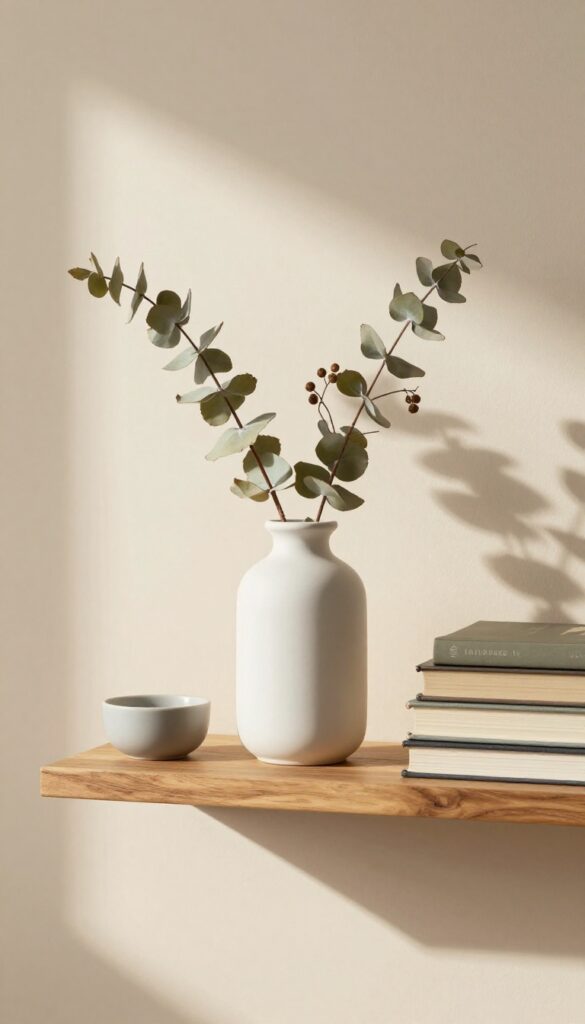 Single statement vase with a dried branch on a floating shelf, paired with books and a catchall, creating a calm and layered shelf vignette.