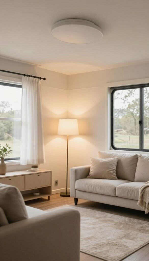 Layered lighting in a mobile home living room with floor lamp, table lamp, and ceiling light creating a warm, spacious feel.