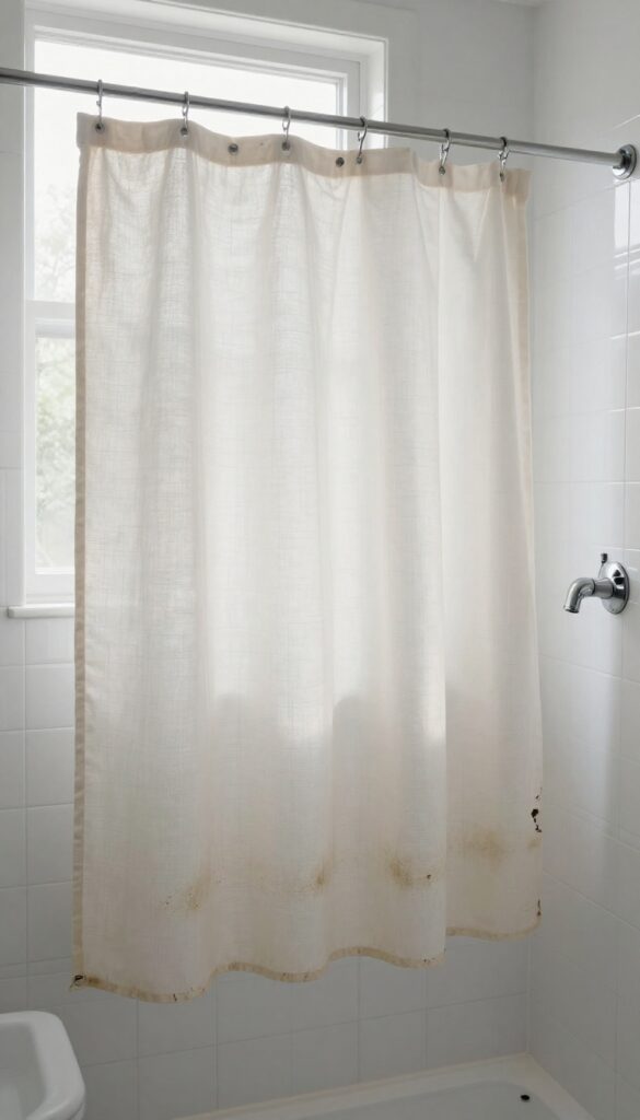 Worn shower curtain with mildew stains and small tear in bright bathroom