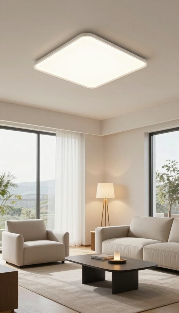 Modern living room with layered lighting including ceiling light, floor lamp, and table lamp in a bright, clean space.