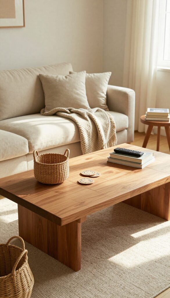 A warm and cozy living room featuring a square oak coffee table with a grid pattern surface, soft beige sofa, layered throws, and natural light, creating a lived-in and inviting atmosphere.