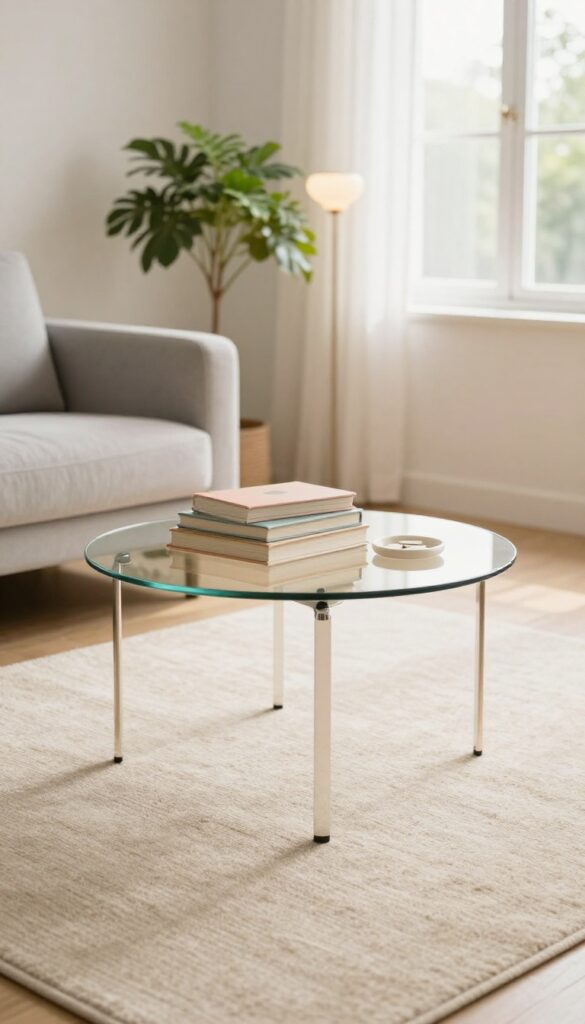 Small round glass coffee table styled with pastel books and ceramic tray in bright living room