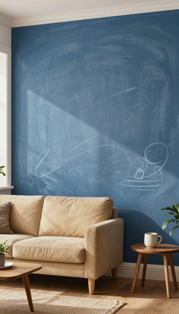 Cozy living room with a dusty blue washed chalkboard wall, sofa, and natural light