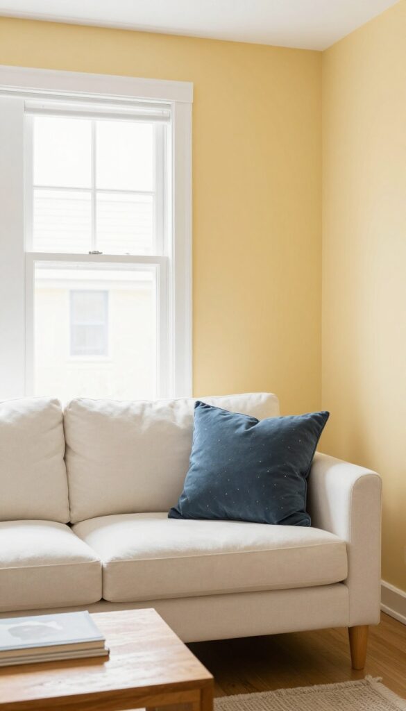 Butter yellow accent wall in a bright living room with warm wood furniture and natural light