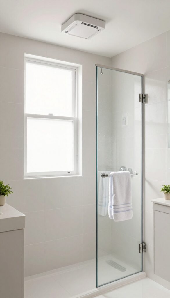 Bright bathroom with exhaust fan and timer switch, clean grout, fresh air