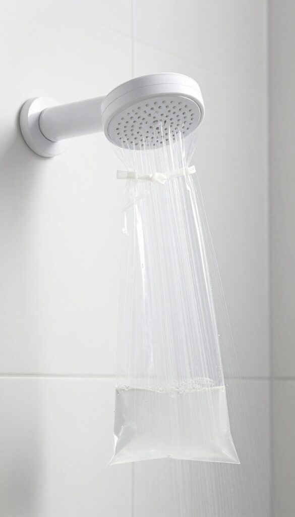 Descaling showerhead with vinegar soak in plastic bag