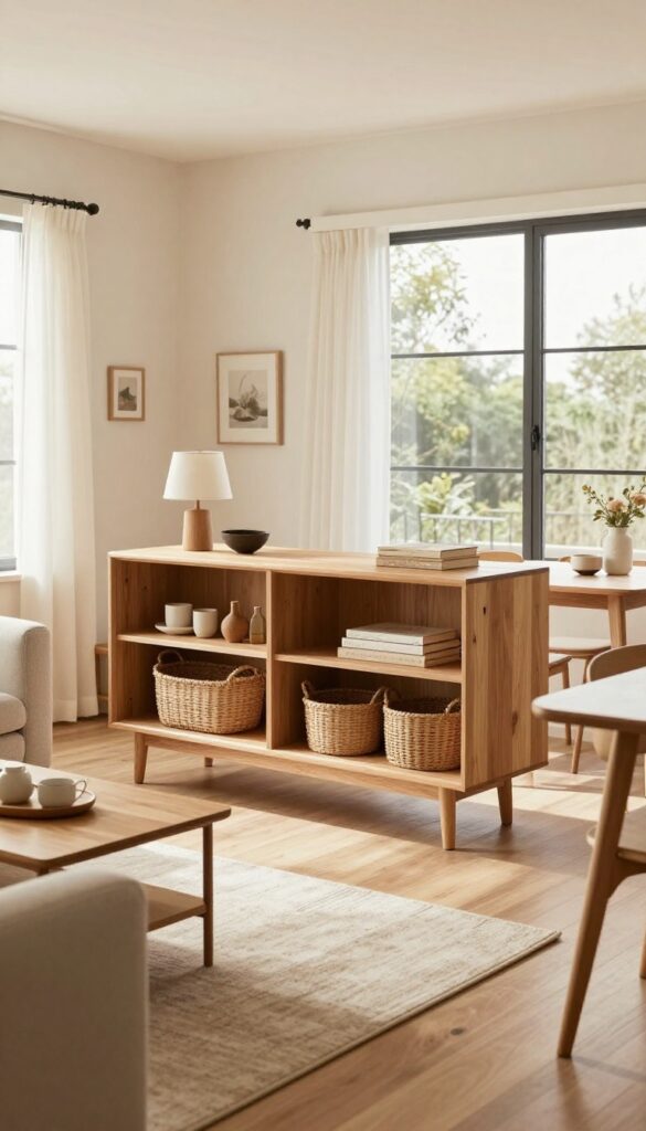 Double-sided credenza with open shelving dividing a living and dining area, styled with baskets and decor, bright natural light.