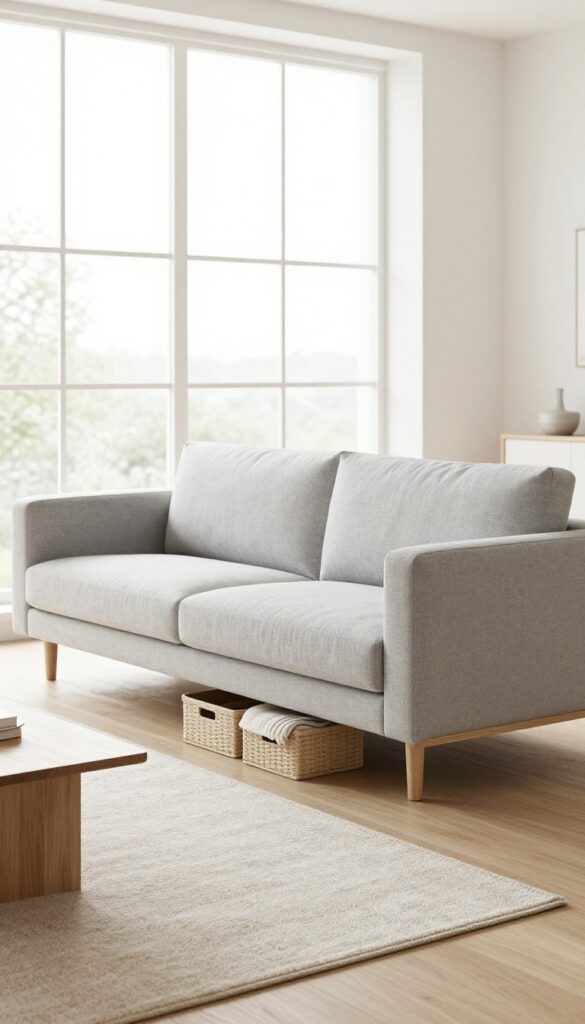 Floating sofa with under-sofa storage bins in a bright living room