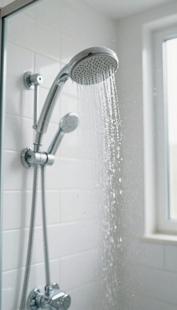 Rinsing a shower wall with a handheld showerhead, clean and sparkling
