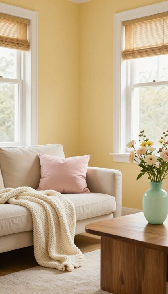 Cozy small living room with creamy butter yellow walls, natural light, walnut coffee table, cream knit blanket, pink and mint accents, bamboo blinds.