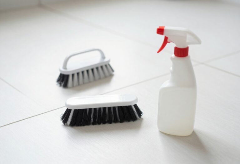 Clean tile floor with bright grout lines and cleaning tools