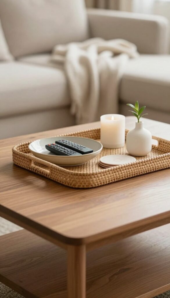 A woven tray on a coffee table holding remotes, coasters, a candle, and a small vase, with a clean, uncluttered surface.