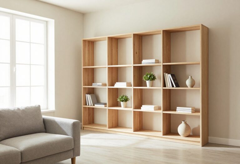 Living room with open shelving unit acting as a room divider, filled with books and a plant in natural light.