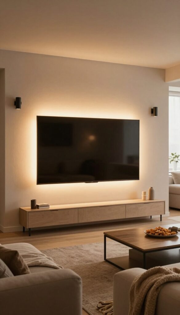 Cozy basement living room with dimmable wall sconces providing warm ambient lighting for movie night