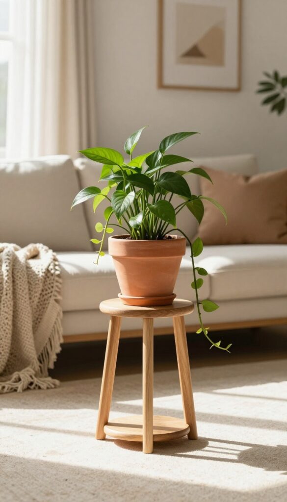 Low-profile wooden plant stand with trailing pothos in terracotta pot in warm boho living room