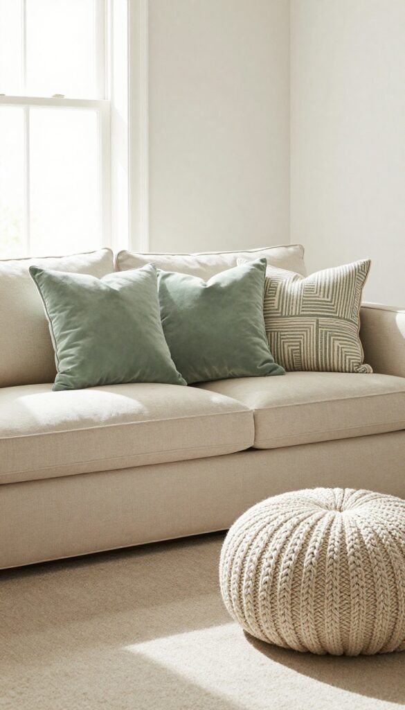 Neutral couch with layered sage green throw pillows in linen, velvet, and knit textures, natural light, cozy living room.