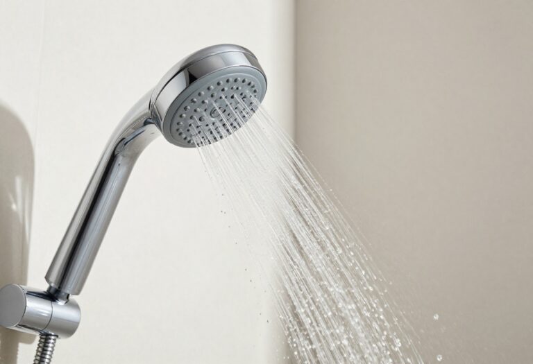 Close-up of a clean shower head spraying water, with a split view showing mineral buildup removed.