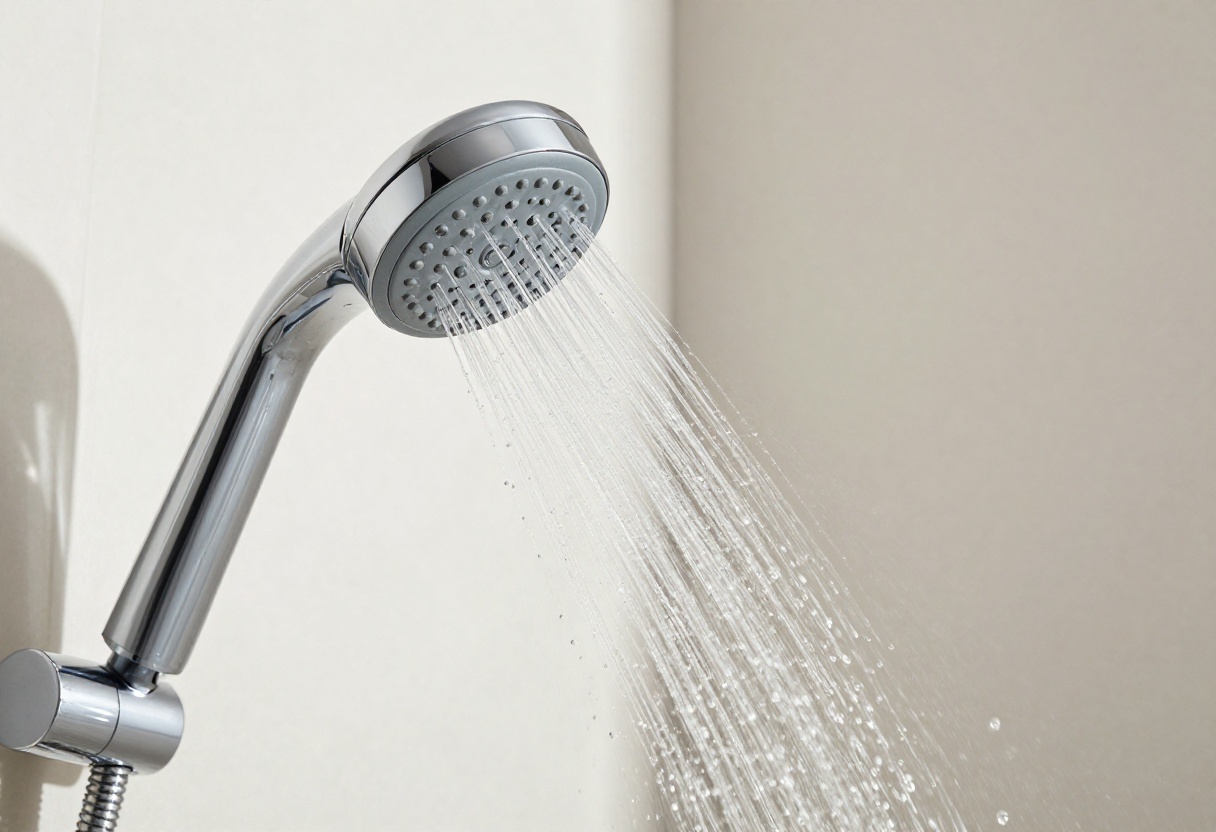 Close-up of a clean shower head spraying water, with a split view showing mineral buildup removed.