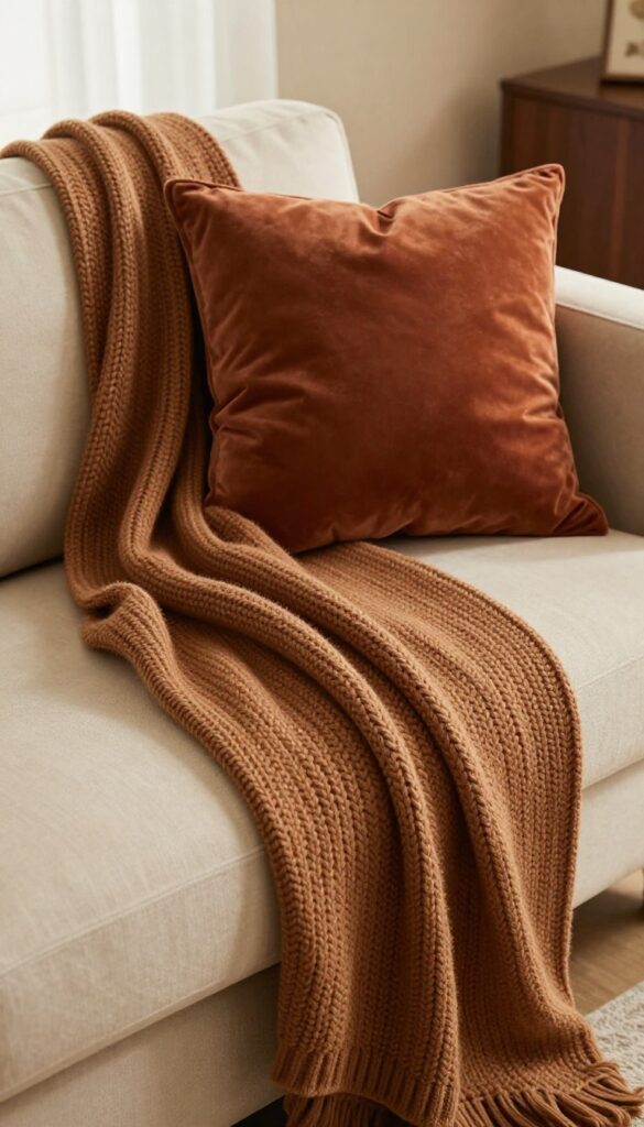 Caramel chunky knit throw draped over beige sofa with rust pillows, warm brown and orange living room decor