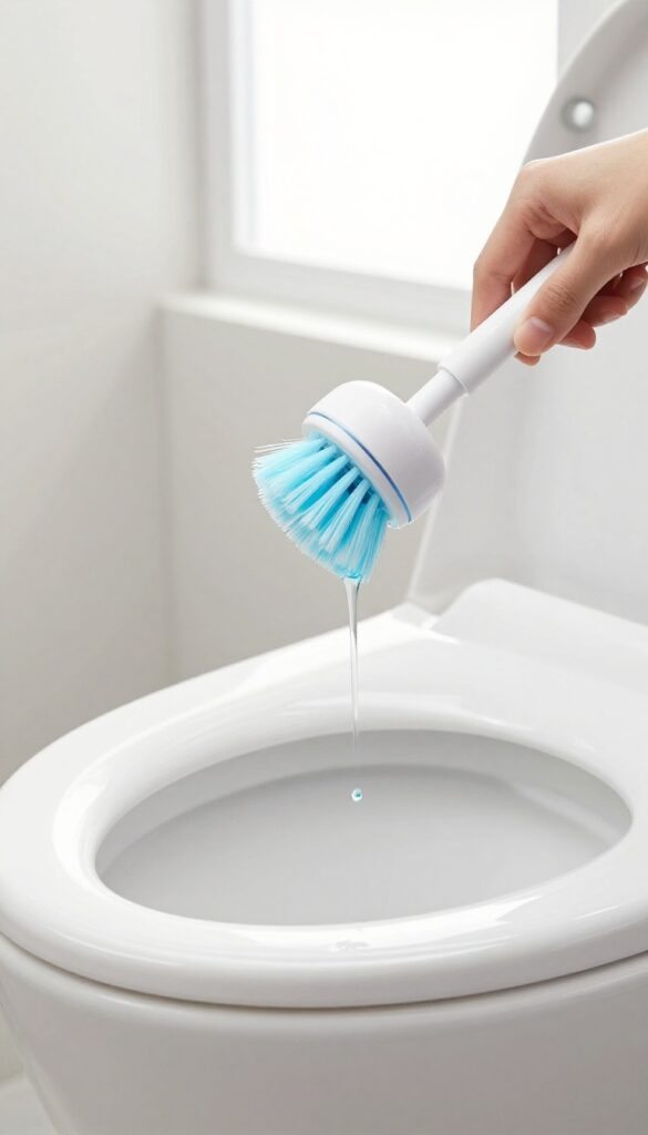Hand holding a toilet brush with built-in dispenser pressing against a toilet bowl, releasing blue cleaner.