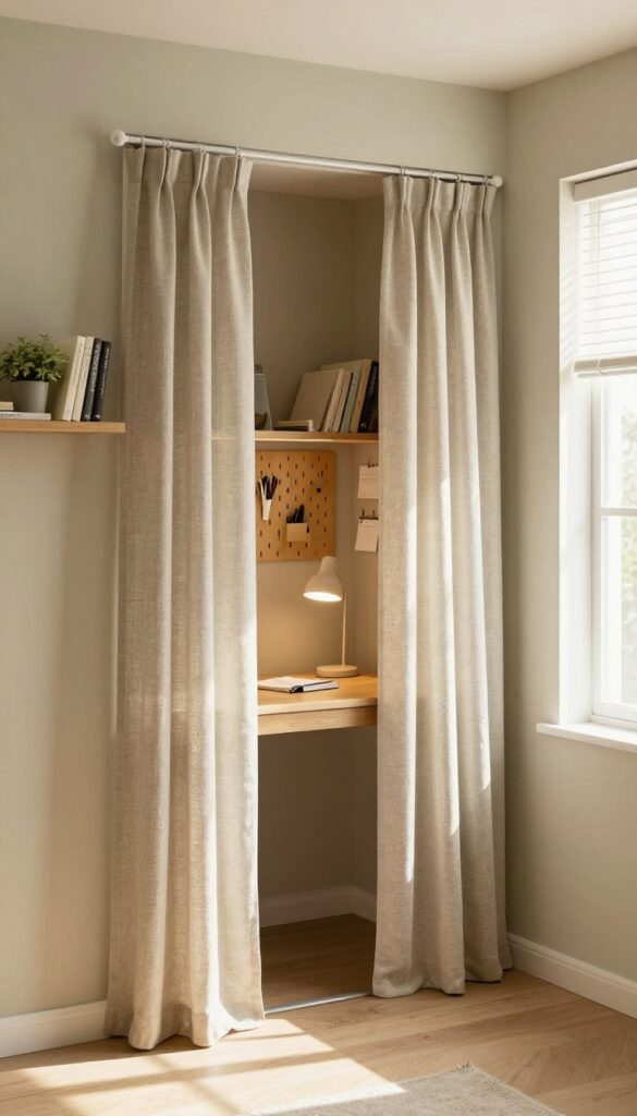 A living room with a closet turned into a home office, featuring a slim desk, soft curtain, and warm natural light.
